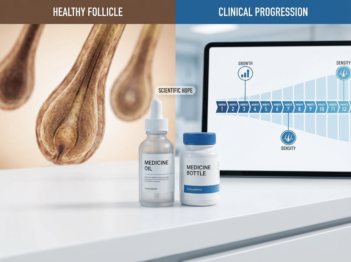 Minoxidil and finasteride bottles with 12-month treatment timeline showing hair regrowth results