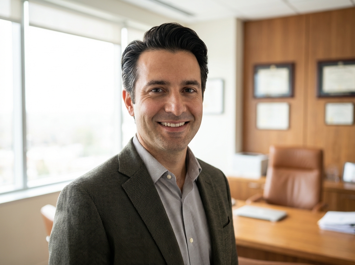 Confident man with natural-looking hair transplant results in modern medical office setting