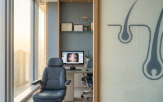 Professional consultation room at modern FUT strip method hair transplant clinic with natural lighting