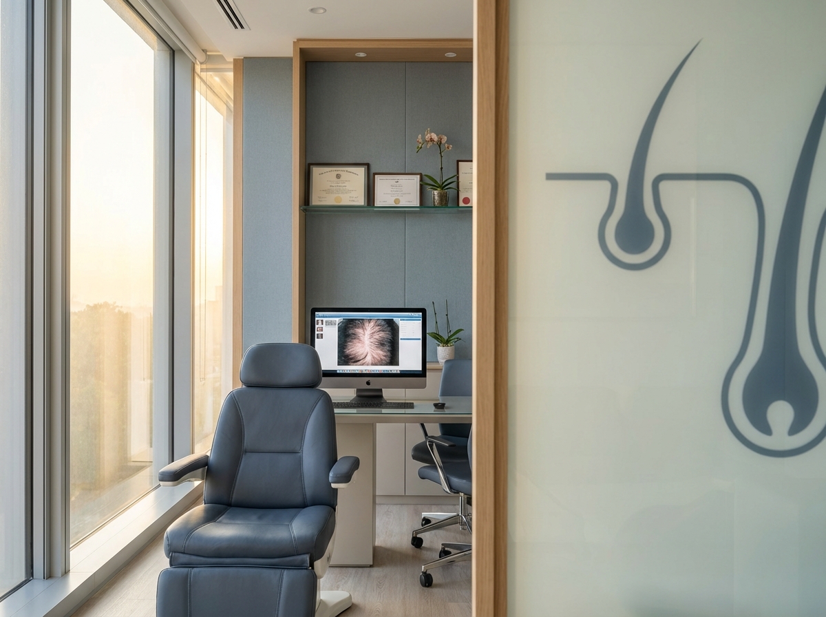 Professional consultation room at modern FUT strip method hair transplant clinic with natural lighting