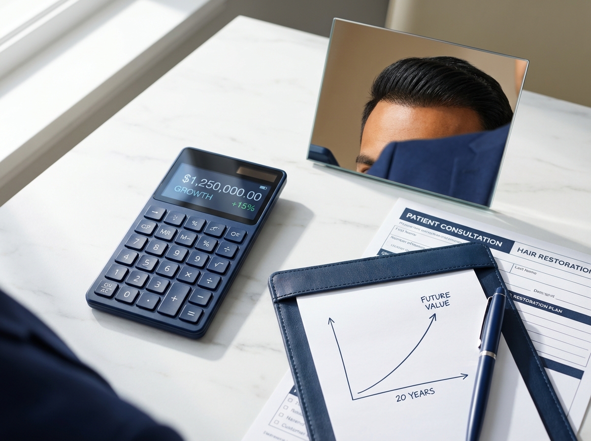 Calculator and mirror showing hairline reflection analyzing hair transplant worth the cost over time