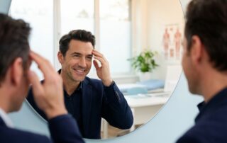 Confident man with restored hairline after scalp micropigmentation for hair transplant scars treatment