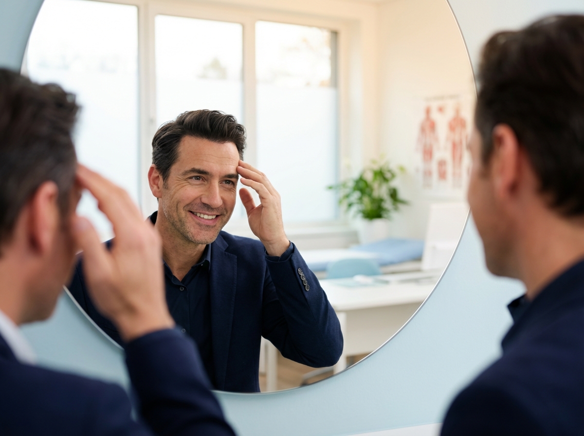 Confident man with restored hairline after scalp micropigmentation for hair transplant scars treatment