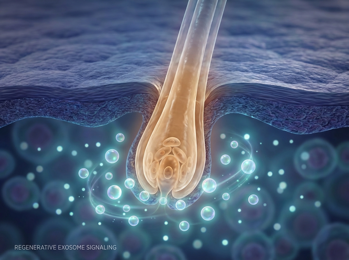 Microscopic view of exosomes in stem cell therapy for hair loss surrounding a hair follicle