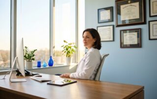 Professional doctor reviewing hair transplant surgeon credentials in modern medical office
