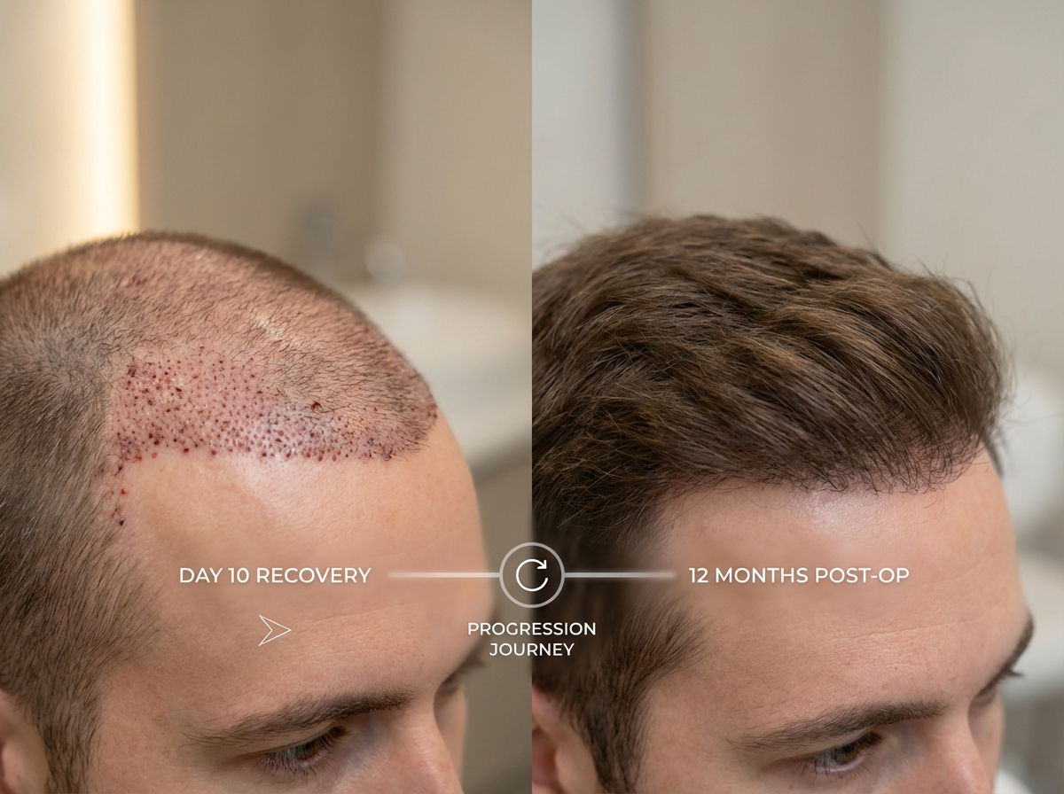 Hair transplant recovery timeline showing scalp healing at 10 days versus full growth at 12 months