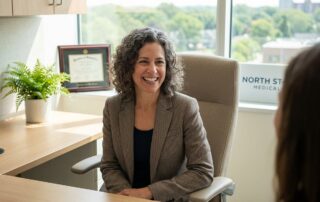 Confident woman in modern Minnesota hair restoration consultation room showing successful treatment outcome
