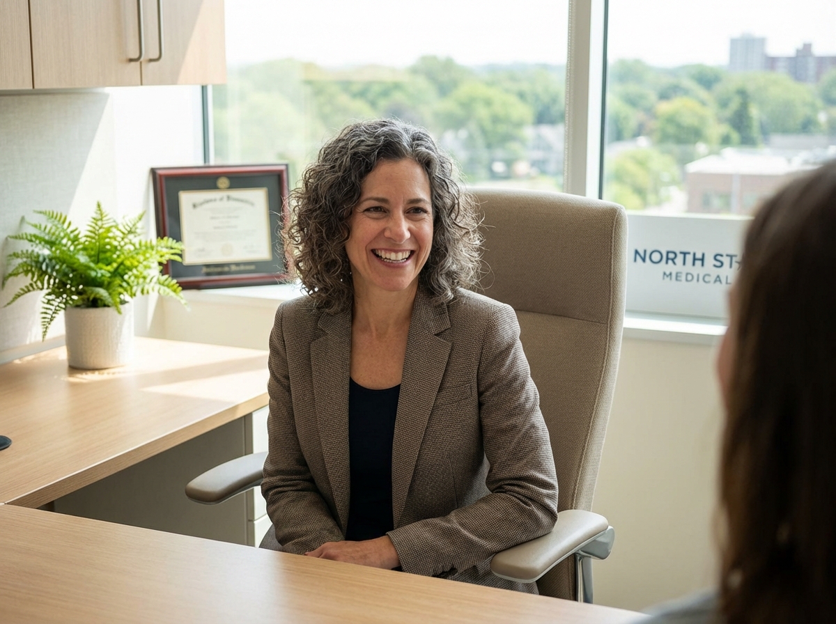 Confident woman in modern Minnesota hair restoration consultation room showing successful treatment outcome