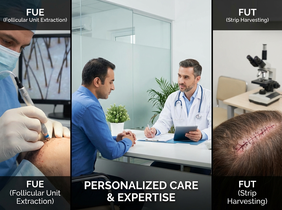 Side-by-side comparison of FUE vs FUT hair transplant techniques with patient consultation