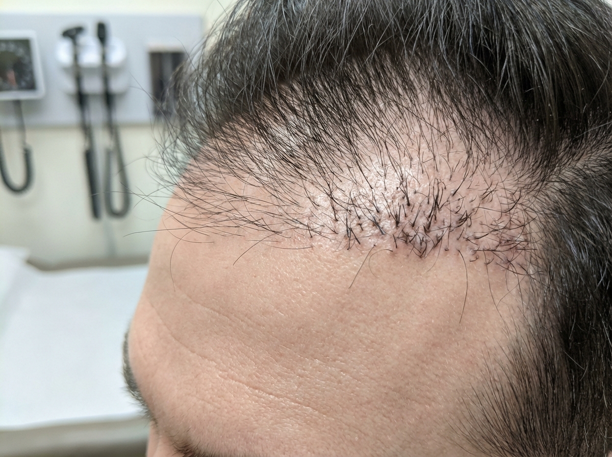Close-up of temple hairline showing precise follicle angles for hair transplant temples recession treatment