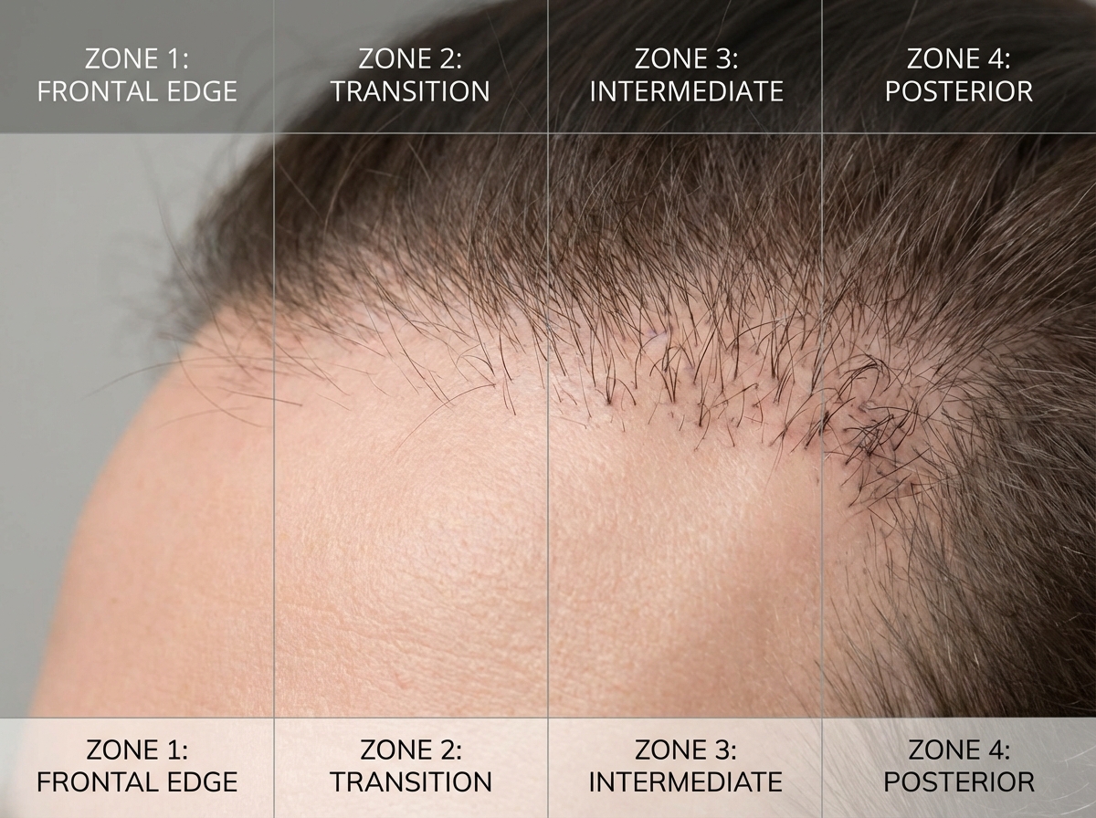 Detailed hair transplant before and after hairline showing four-zone natural architecture