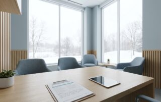 Professional hair transplant consultation room in Minnesota with organized assessment materials on desk