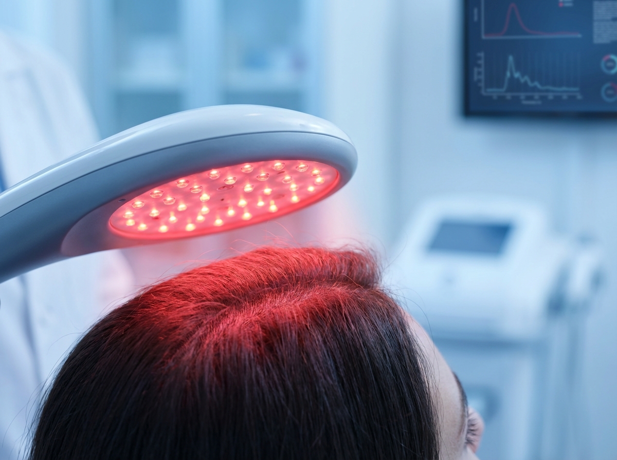 Low level light therapy device treating scalp for hair regrowth in clinical setting