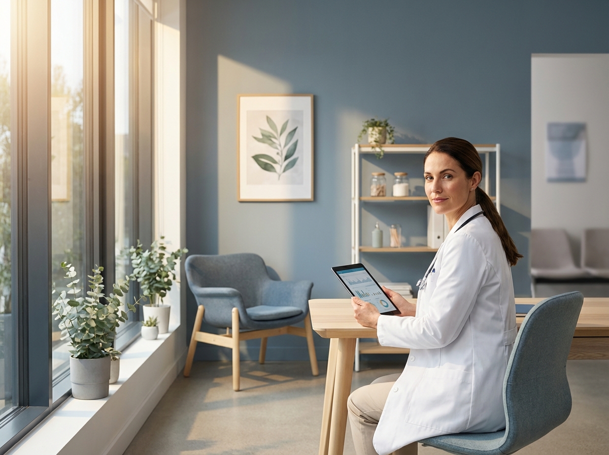 Professional reviewing androgenetic alopecia treatment options 2026 in modern medical consultation room