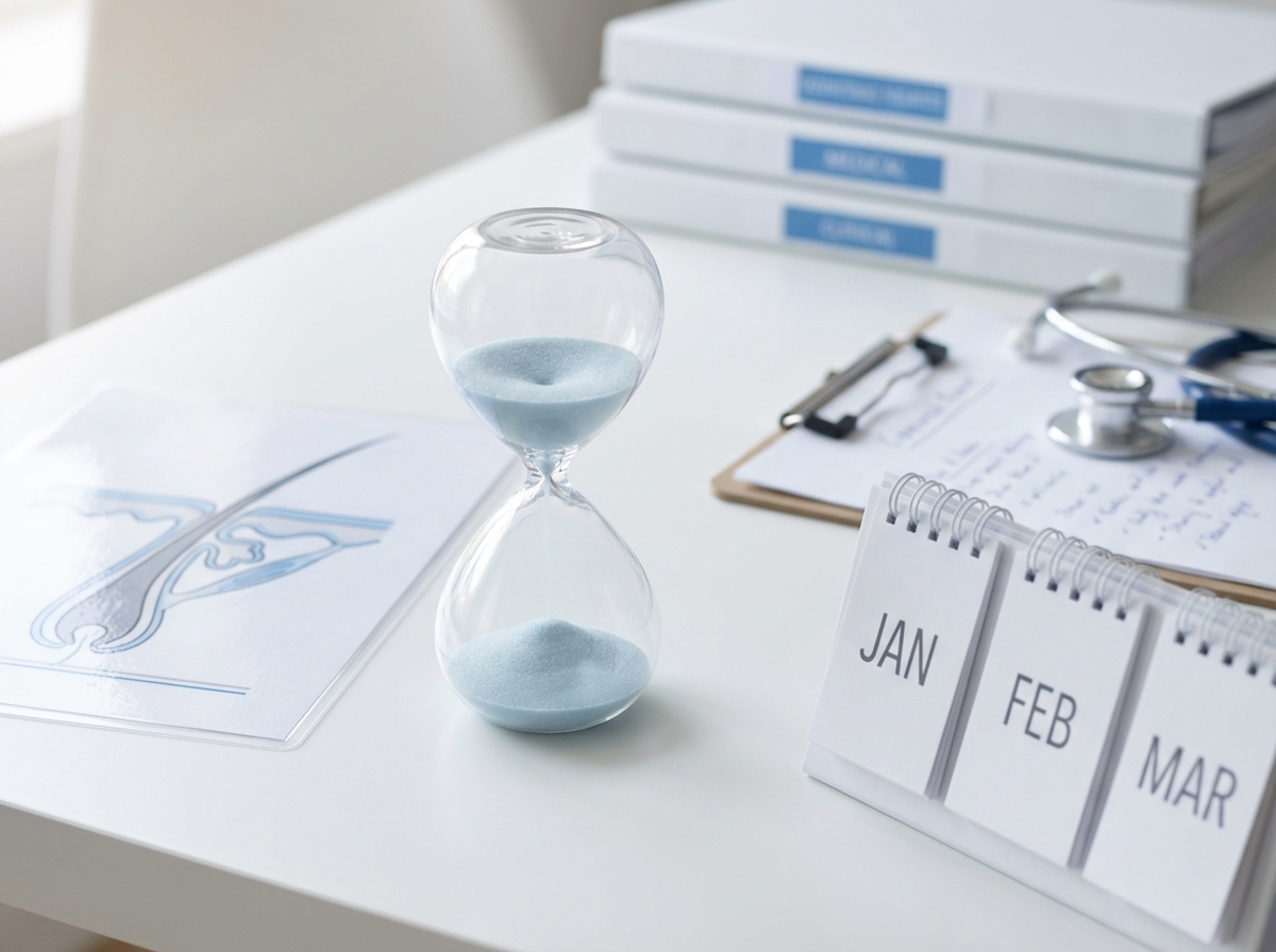 Hourglass representing finasteride for hair loss treatment timeline and patient expectations