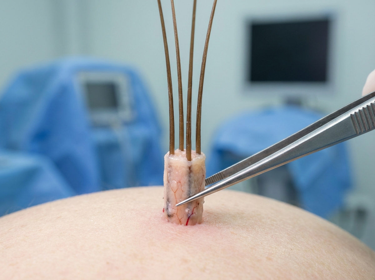 Microscopic view of follicular unit extraction showing microprecision follicular grafting technique