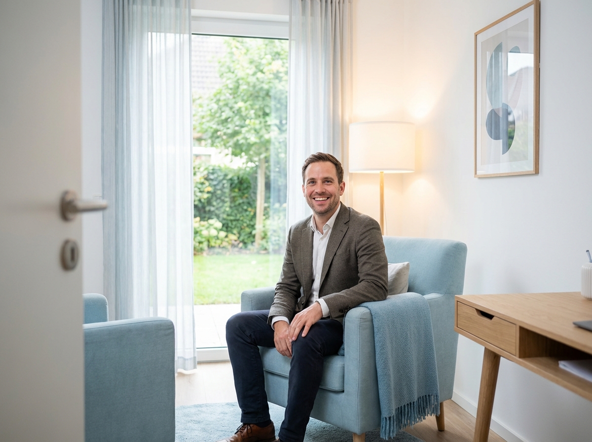 Confident patient in modern consultation room considering how many grafts needed for hair transplant