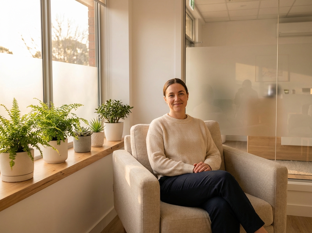 Calm patient relaxing in a modern clinic, reflecting a low hair transplant pain level experience