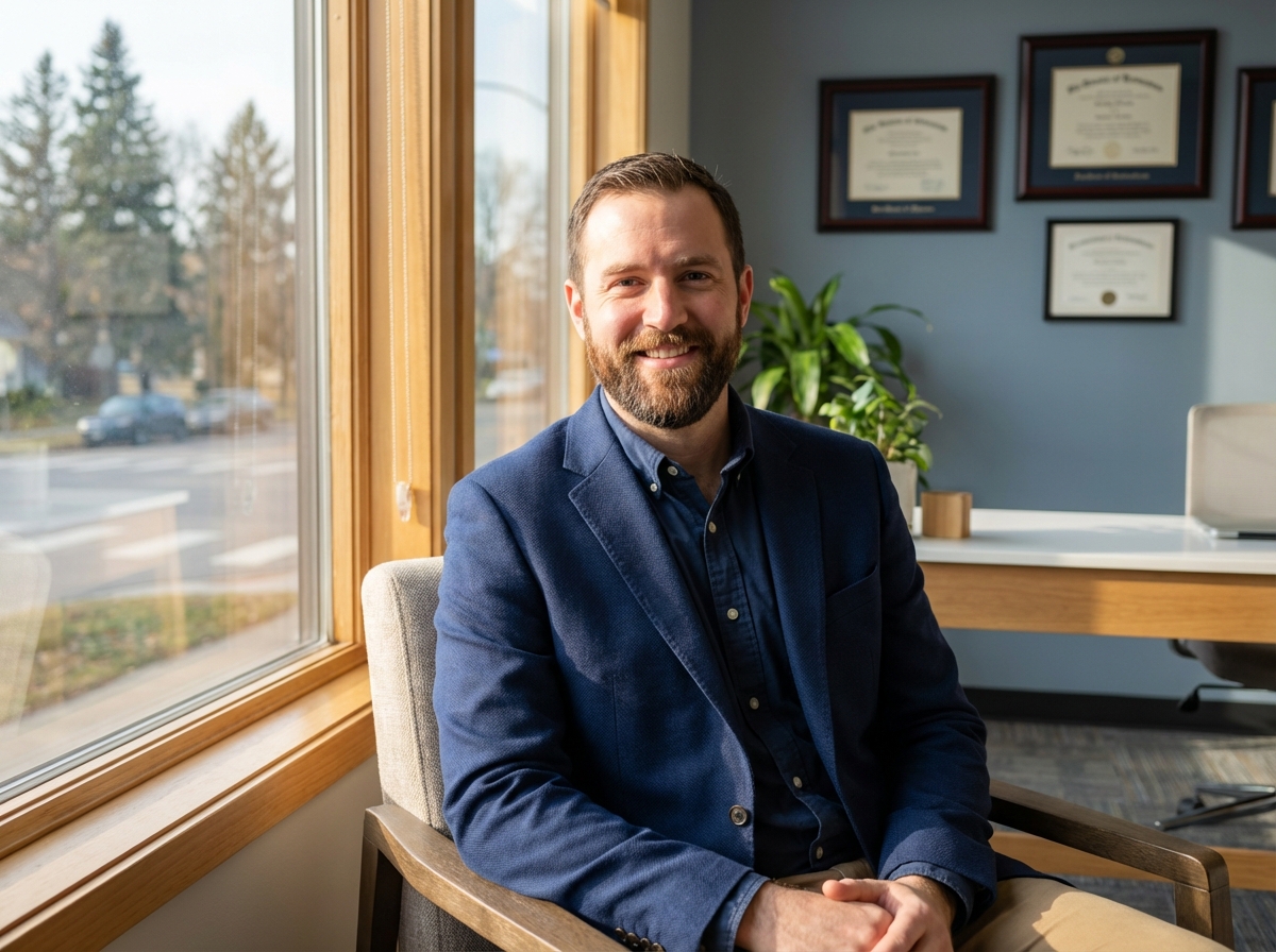 Confident man with full beard in modern Minnesota medical office after beard transplant consultation