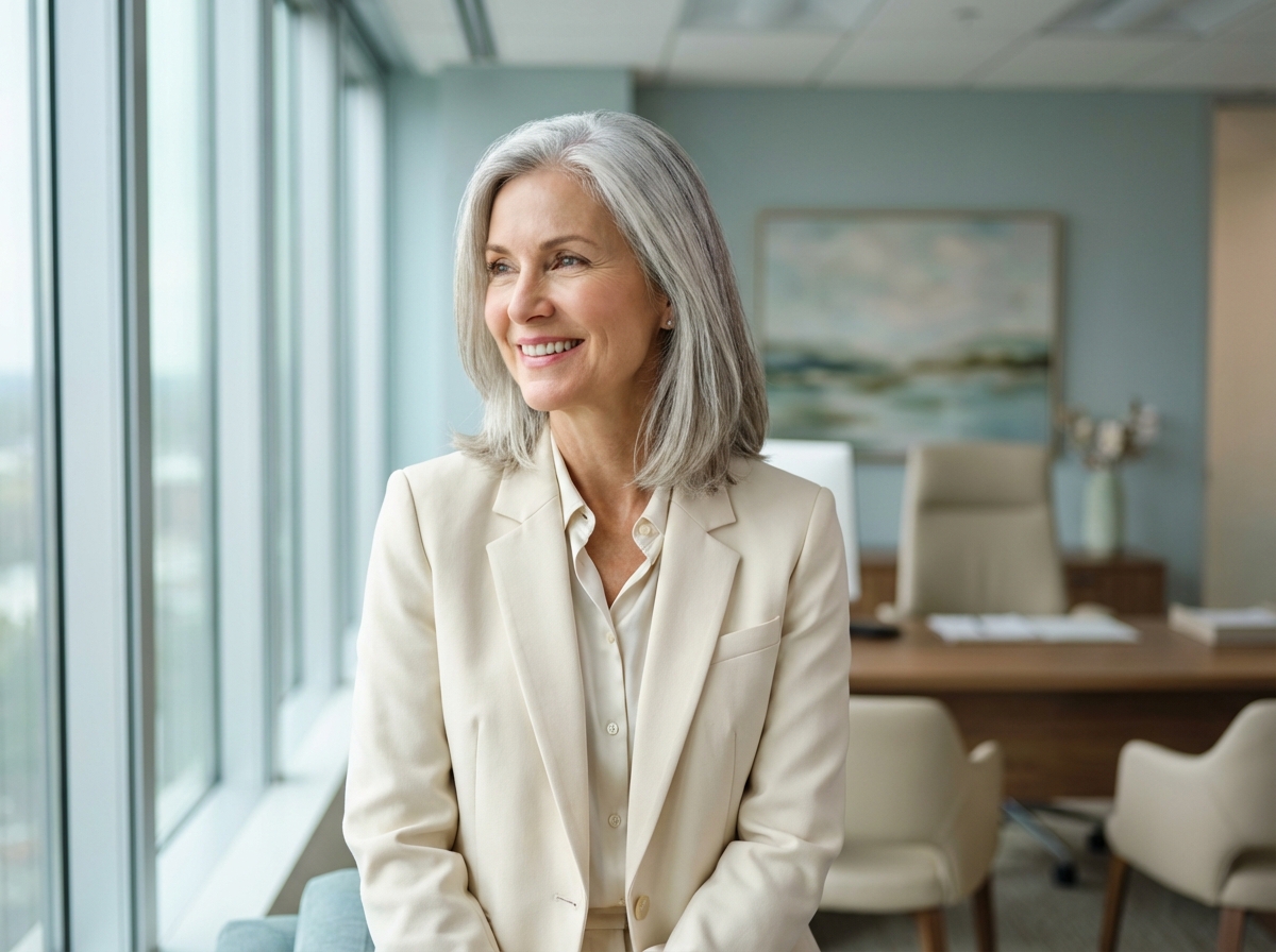 Confident woman over 50 with beautiful hair in modern consultation room representing hair transplant success