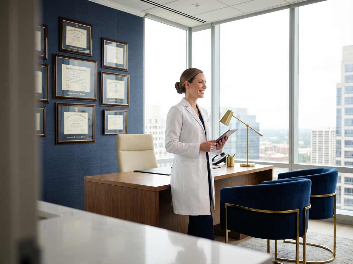 Professional consultation room showcasing hair transplant surgeon credentials ISHRS certifications