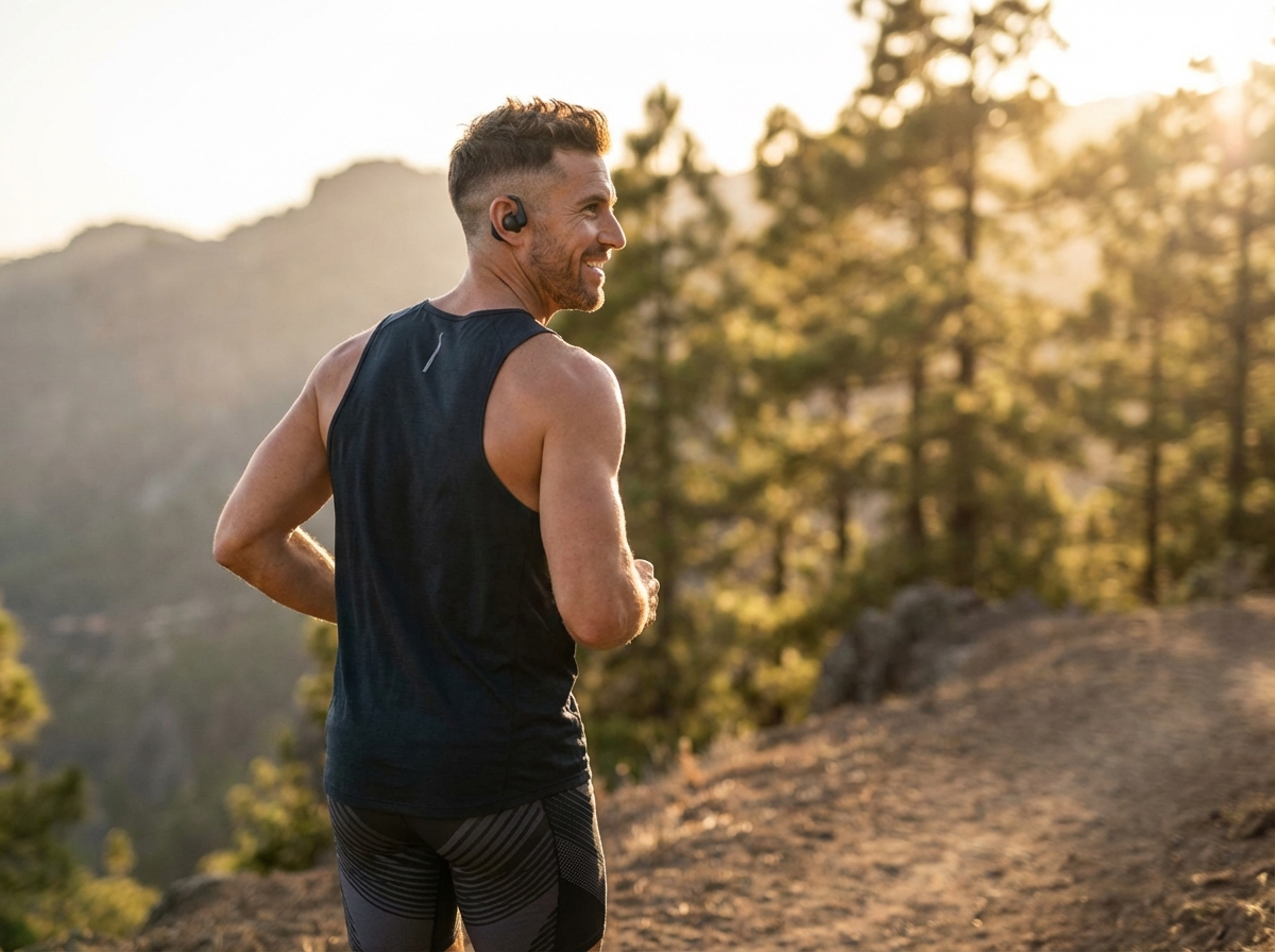 Athletic man with short hairstyle running outdoors showing FUE hair transplant no linear scar lifestyle freedom