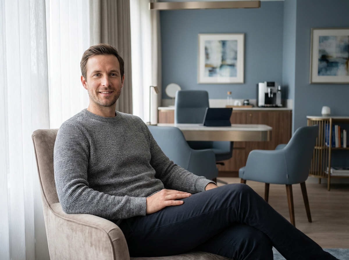 Confident patient in modern hair transplant recovery consultation room showing successful care