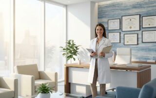 Professional hair transplant specialist in modern consultation room discussing graft survival rates