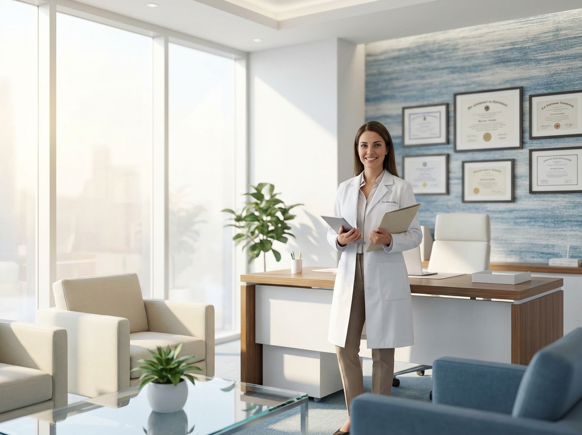 Professional hair transplant specialist in modern consultation room discussing graft survival rates