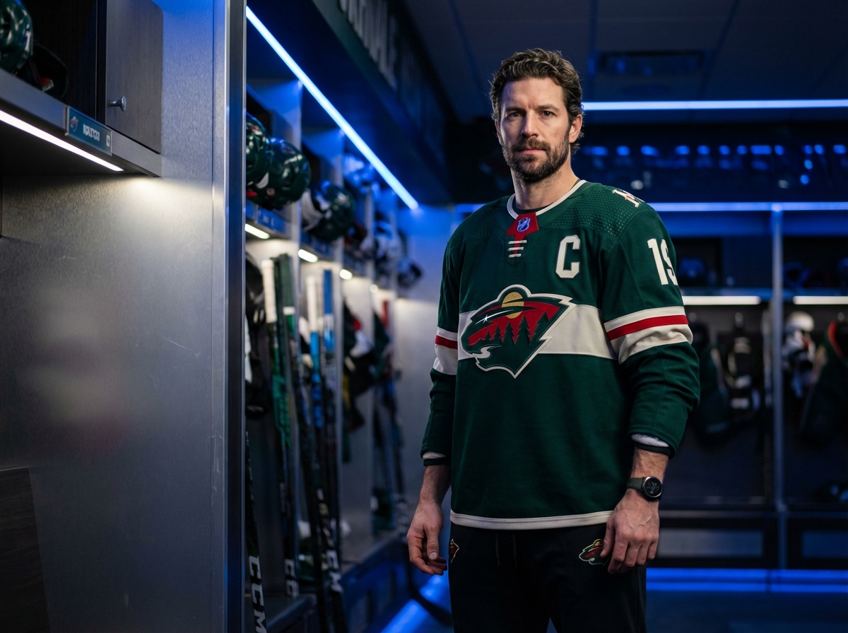 Confident Minnesota athlete with full hair standing in a hockey locker room, representing hair transplant recovery for athletes.