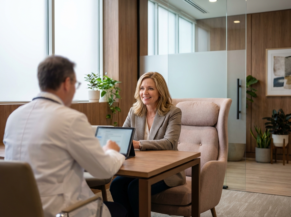 Woman consulting about women's hair thinning solutions in modern medical office