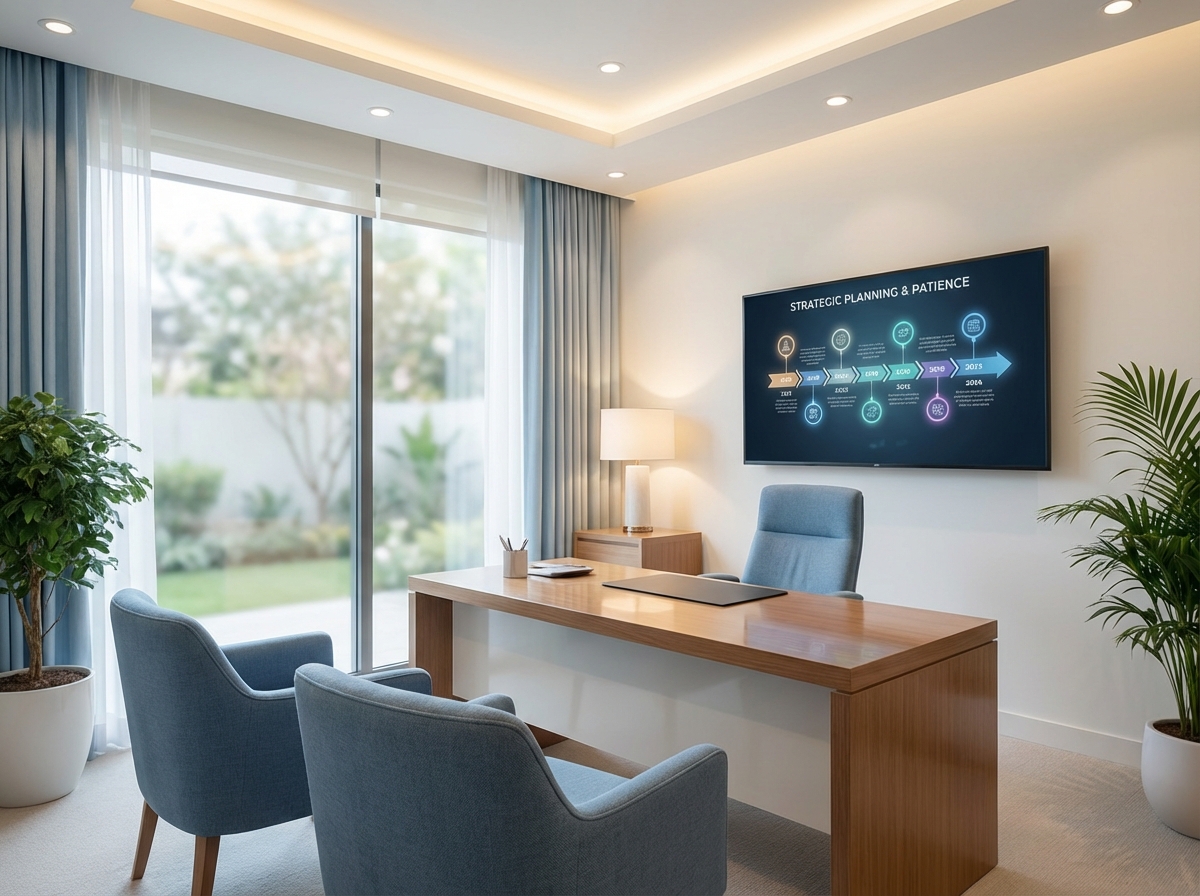 Modern consultation room showing strategic timing framework for hair transplant second procedure planning