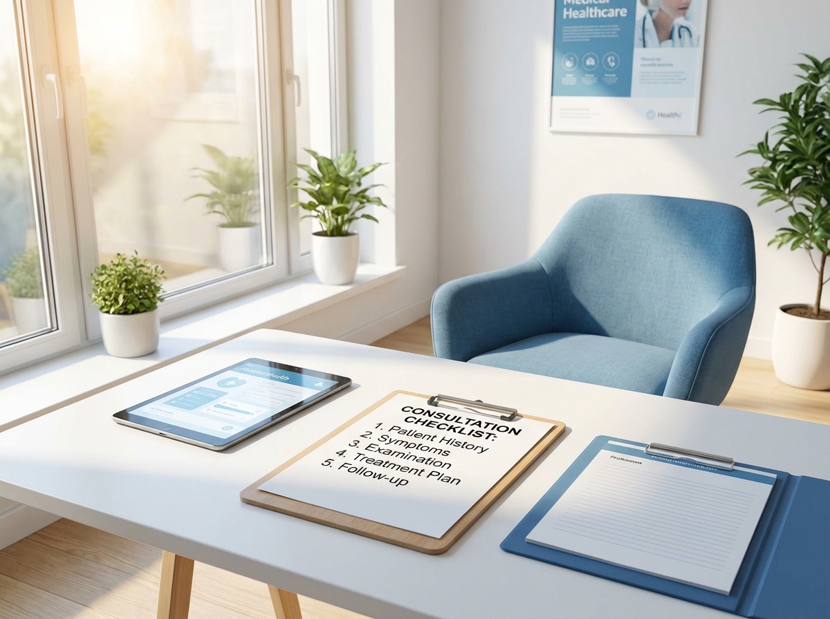 Professional hair transplant consultation room with checklist on desk representing questions to ask
