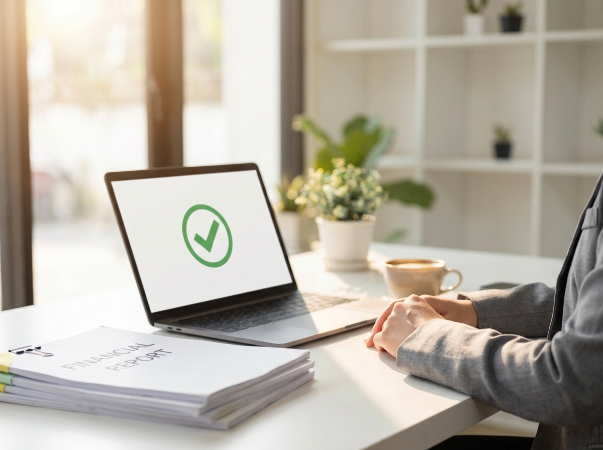 Professional reviewing hair transplant medical financing approval on laptop in modern office setting