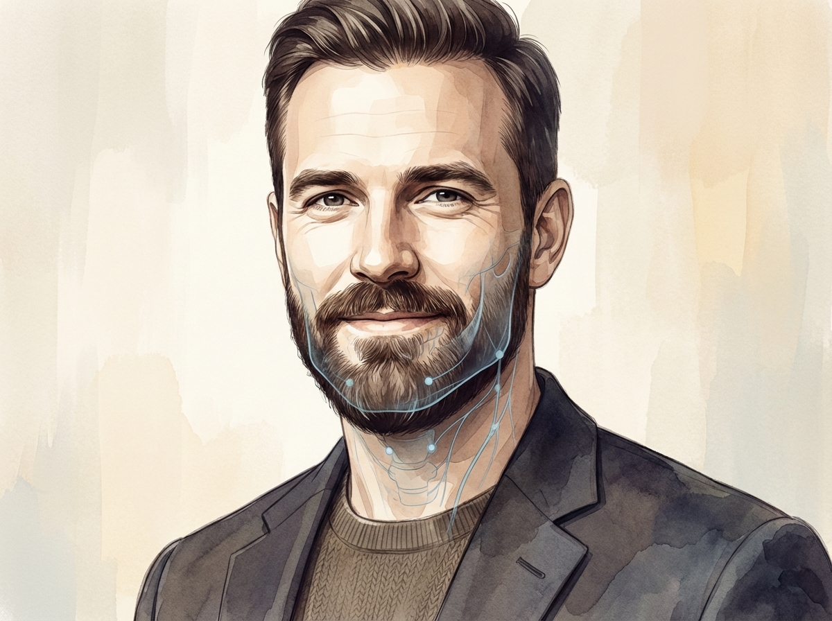 Stylized illustration of a man with a full beard, representing beard hair transplant donor area planning expertise.