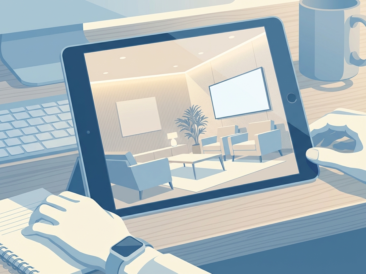 Person exploring a hair transplant virtual tour facility on a laptop, viewing a modern, upscale clinic interior.