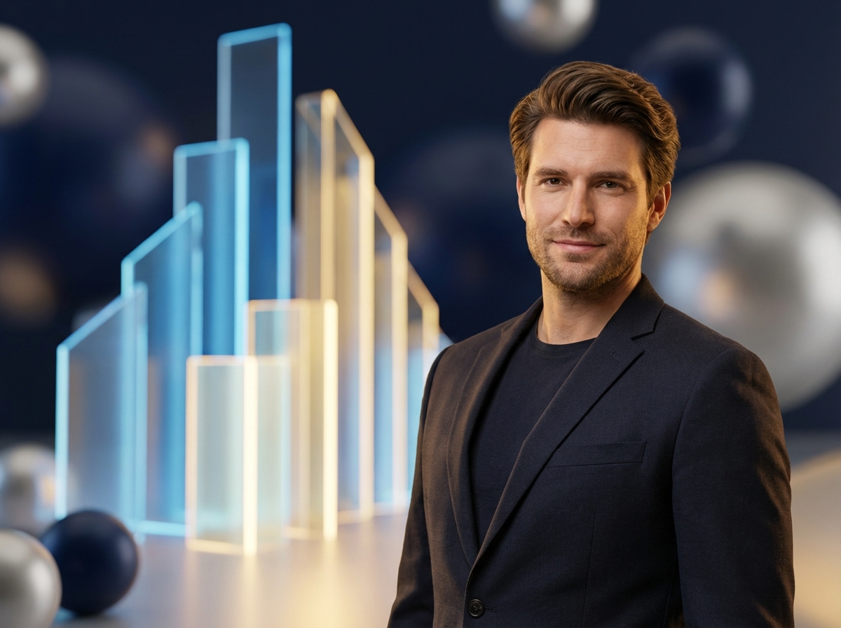 Conceptual illustration representing FUE hair transplant 2026 technique advances with glowing innovation stack and confident man