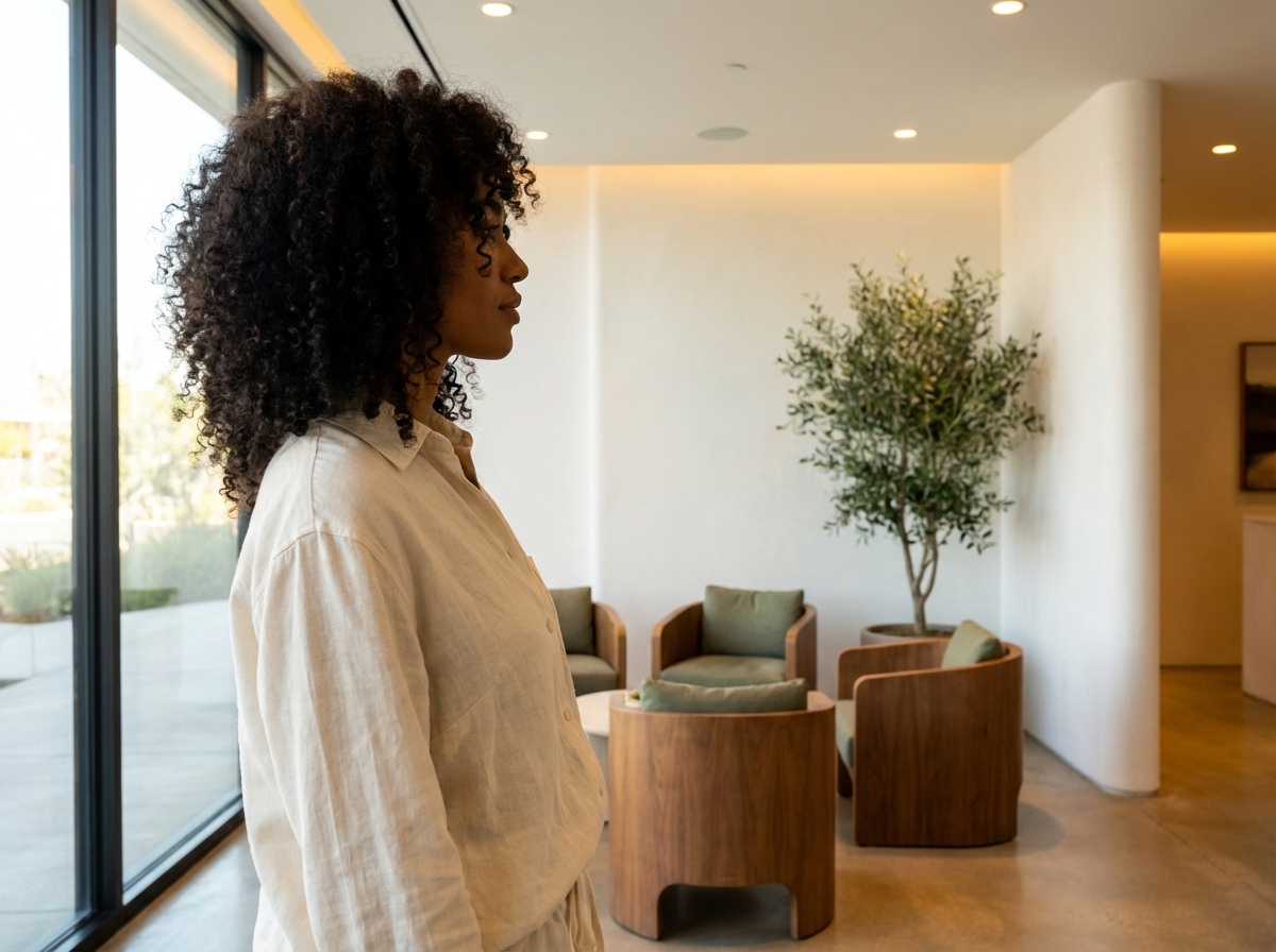 Person with healthy full hair in a modern medical spa, representing ultrasound hair growth treatment Alma TED results