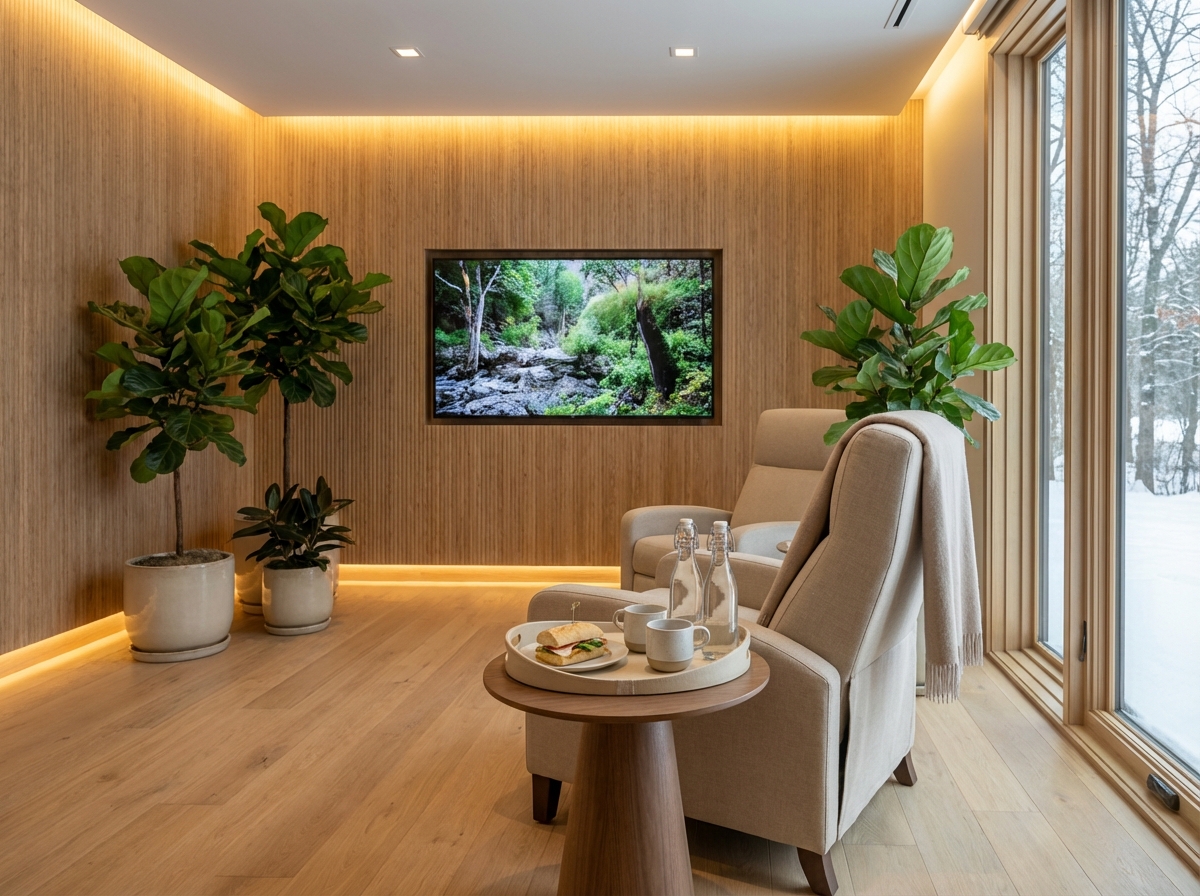 Luxurious Minnesota hair loss clinic amenities including a plush reclining chair, flat screen TV, and refreshments