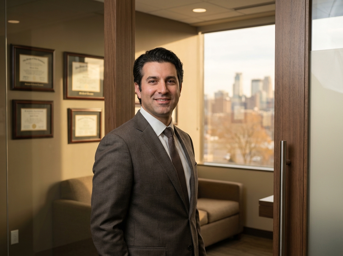 Confident man in modern Minnesota hair transplant surgeon consultation office representing ABHRS board certified care