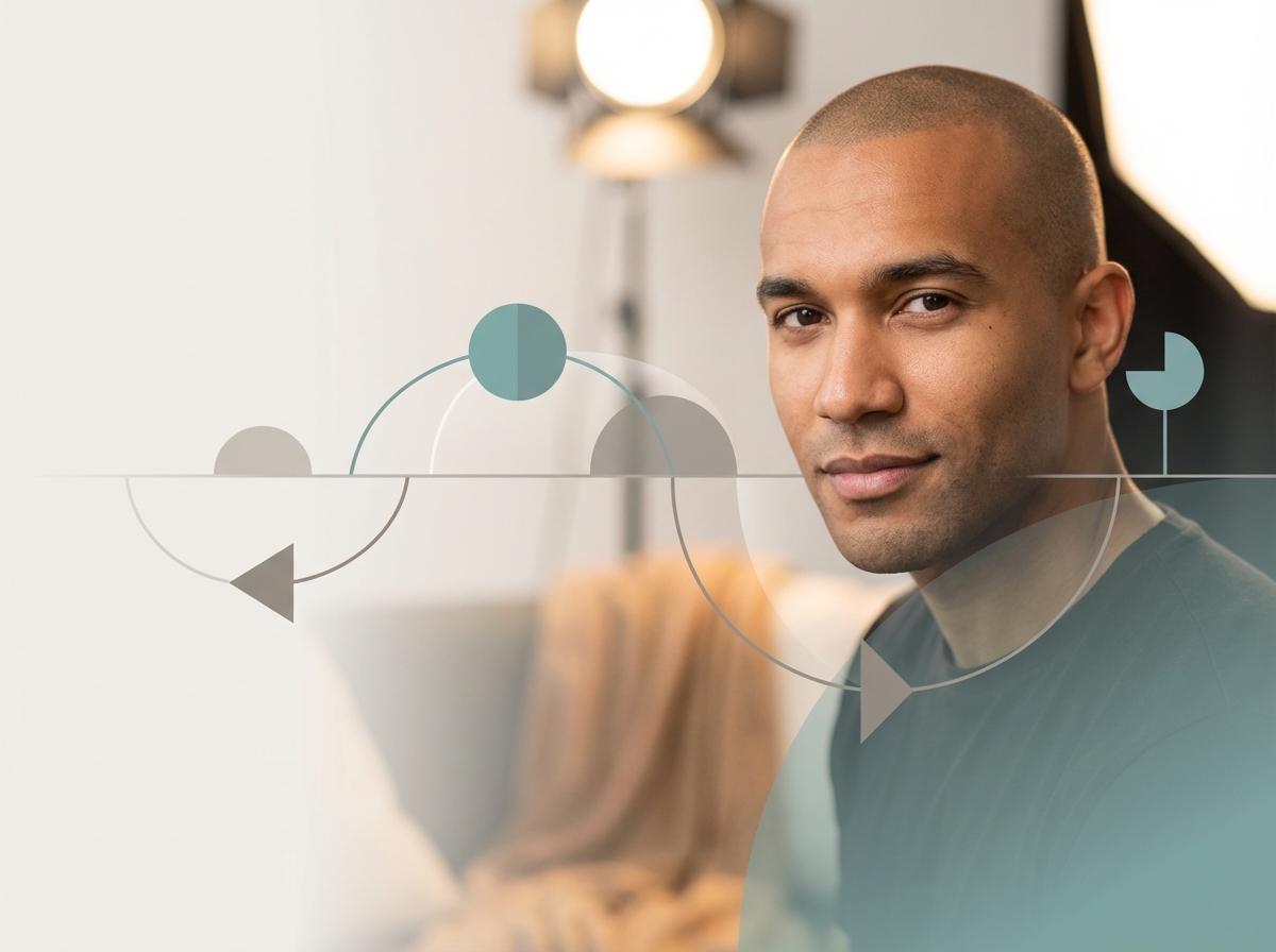 Illustrated timeline representing a scalp micropigmentation maintenance schedule with a confident man in the background