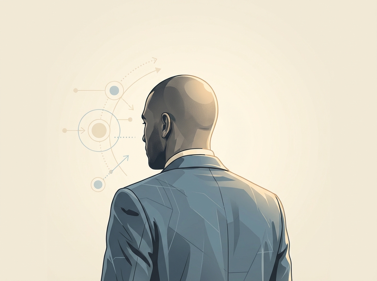 Stylized illustration of a man with a shaved head representing FUE vs FUT scarring comparison and the Clipper Guard Reality Test