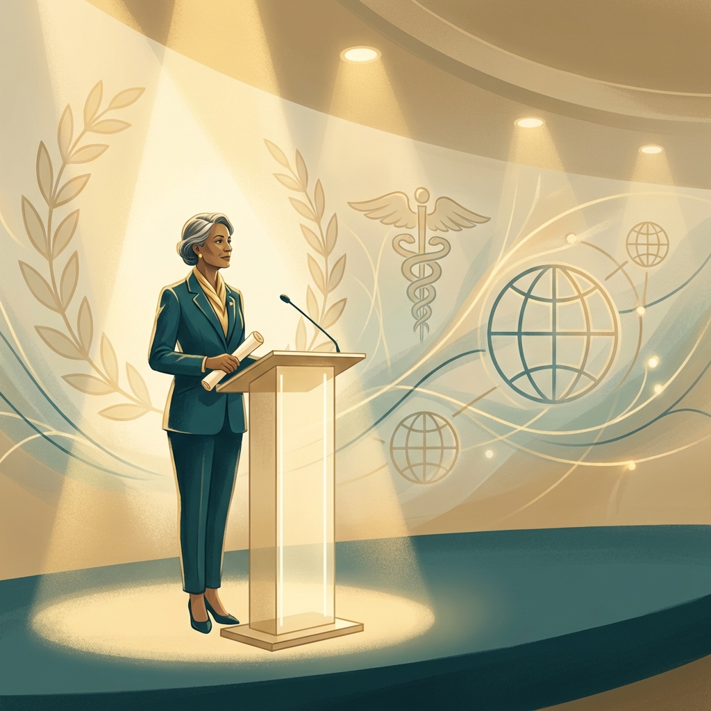 Hair transplant surgeon and ISHRS president at a podium, symbolizing leadership and patient safety policy legacy