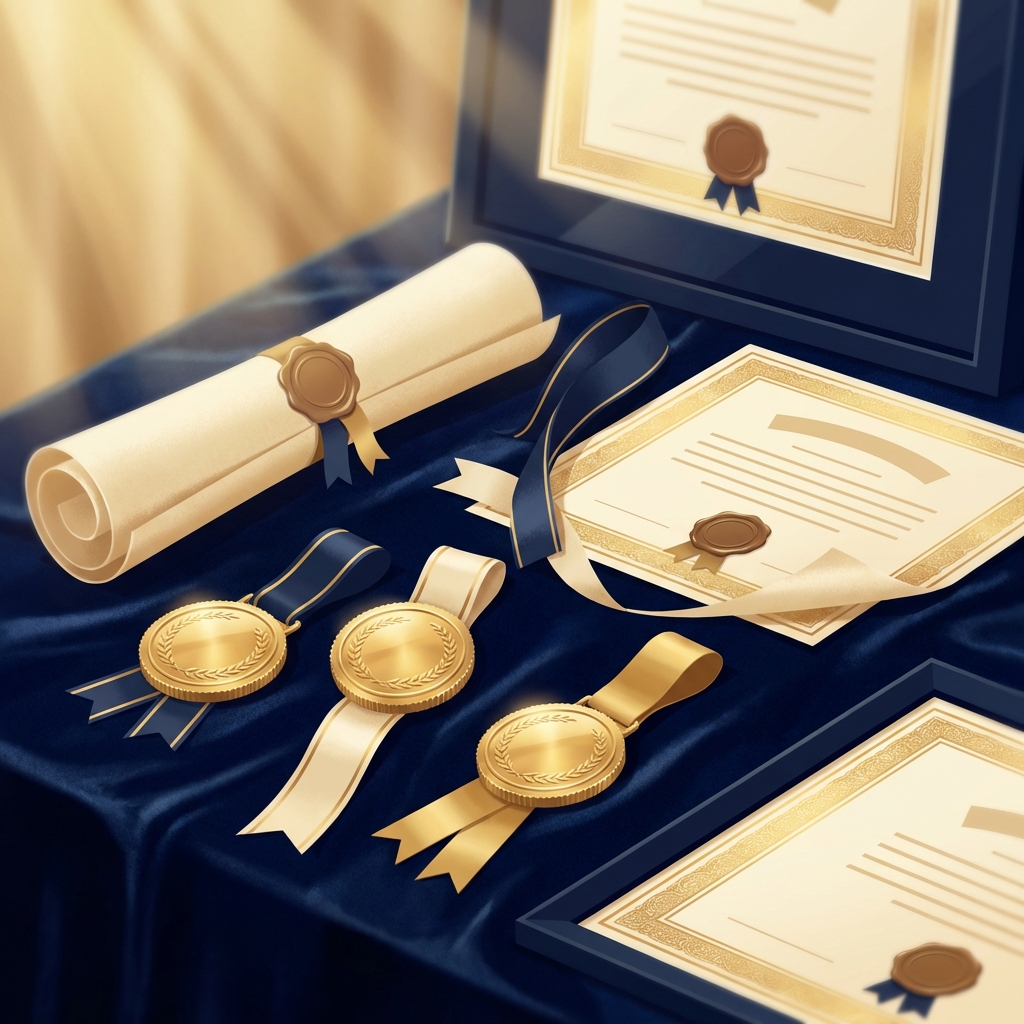 Prestigious hair transplant surgeon awards recognition medals and certificates in elegant golden light