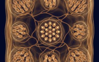 Stylized illustration showing natural hair density follicles per cm² as glowing clusters in an organic scalp cross-section