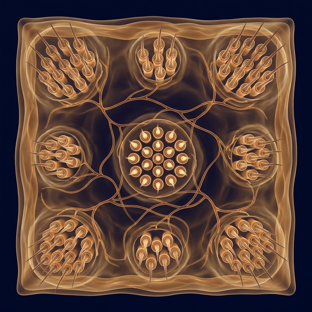 Stylized illustration showing natural hair density follicles per cm² as glowing clusters in an organic scalp cross-section