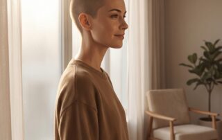 Confident person with shaved head in soft natural light, representing scalp micropigmentation scar camouflage results