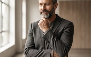 Confident man with a full groomed beard — representing a successful patchy beard growth transplant solution