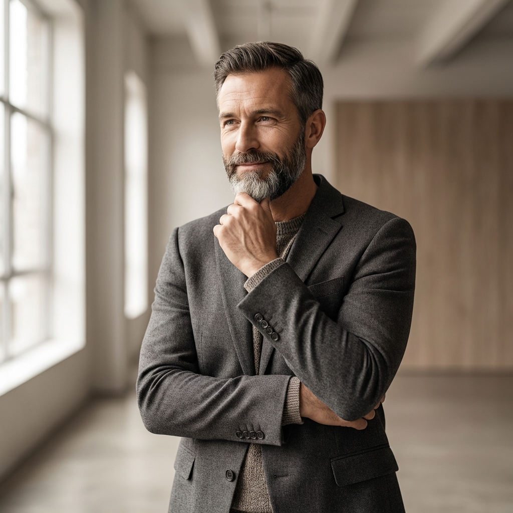 Confident man with a full groomed beard — representing a successful patchy beard growth transplant solution