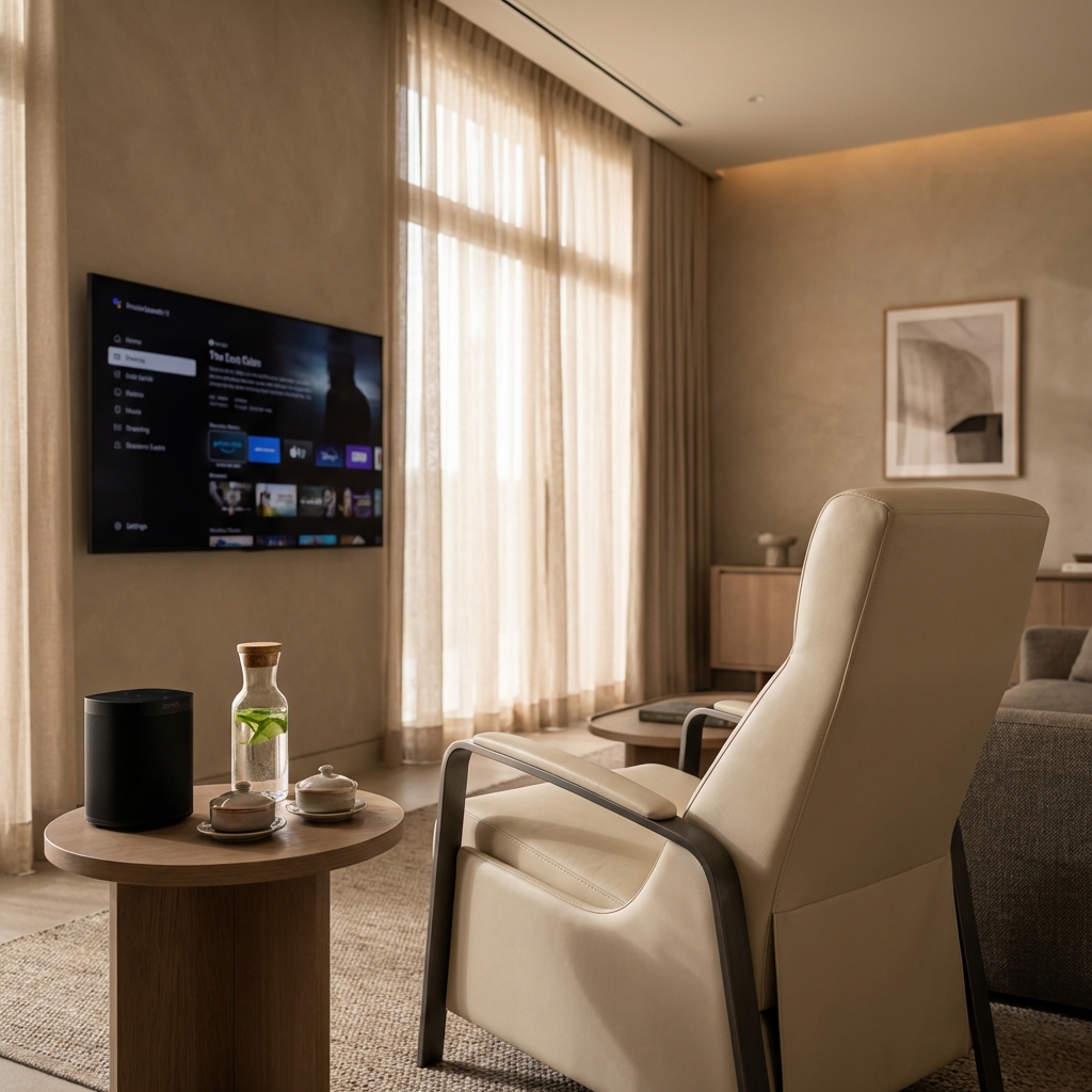 Luxury hair restoration patient suite with streaming entertainment and premium amenities for a five-star clinical experience